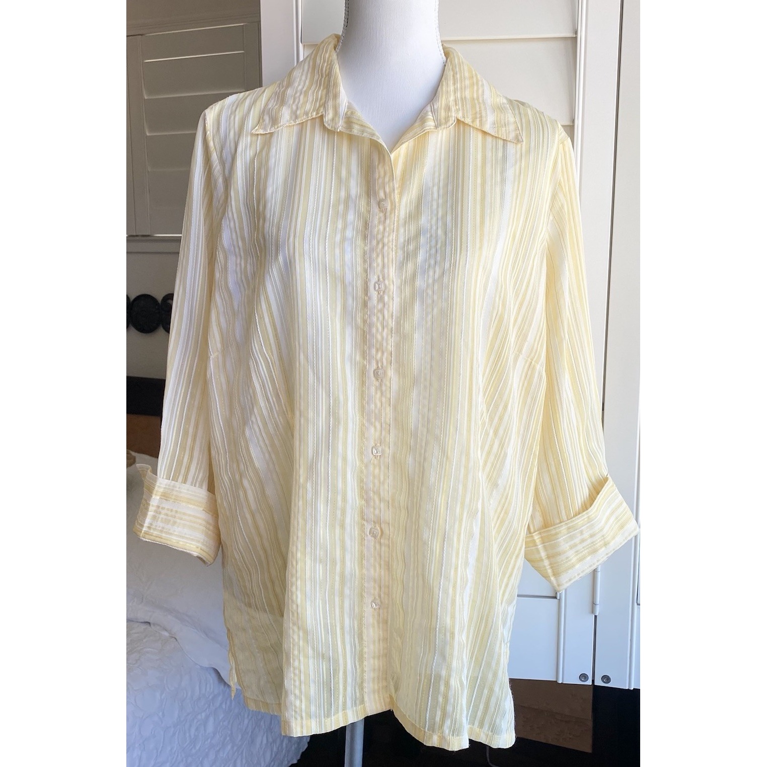 Coldwater Creek Sz Xl Elegant Yellow Stripe Lurex Shirt Top Butter Yellow Sheer
